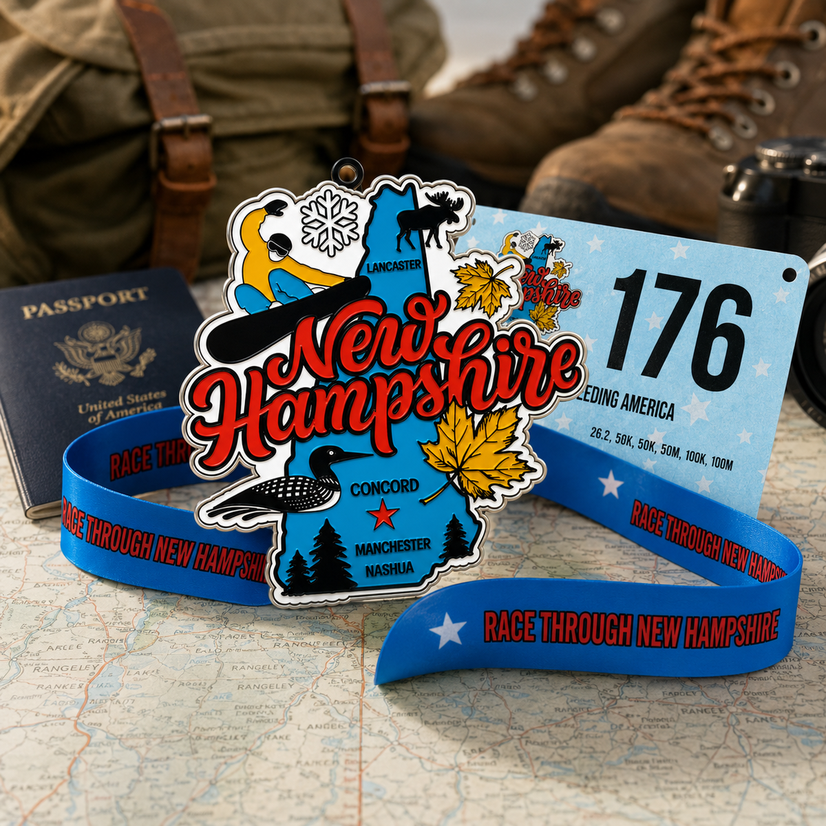 Collection of all 50 medals and race bibs from the Race Through America Series by virtualrunevent, displayed together.