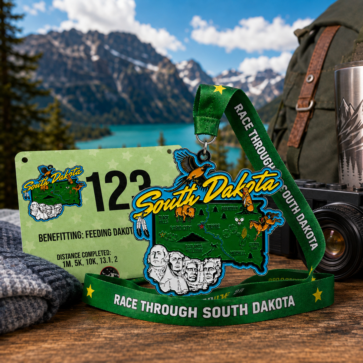 South Dakota Virtual Race medal from virtualrunevent featuring a travel scene for 5K, 10K, half marathon, and marathon runners