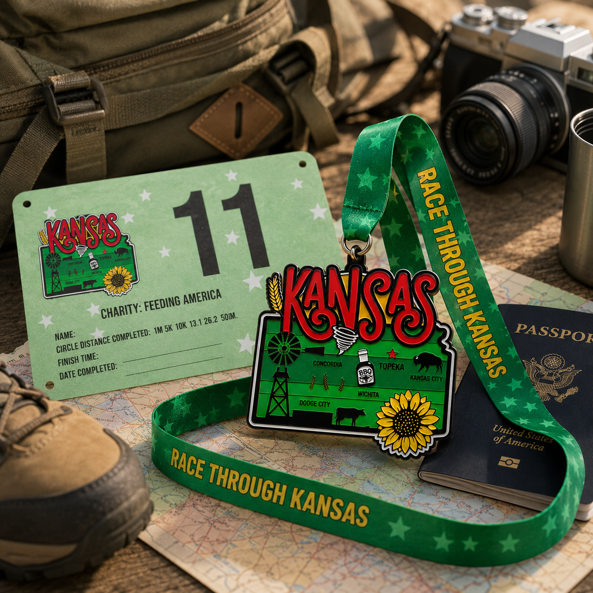 Metal medal from Virtual Run Event's Race Through Kansas virtual race featuring Kansas travel scene design.