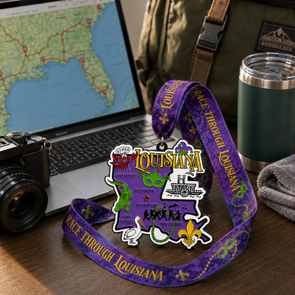 Virtualrunevent Louisiana Race medal featuring a travel scene design for 5K, 10K, half marathon, and 50-mile challenge.