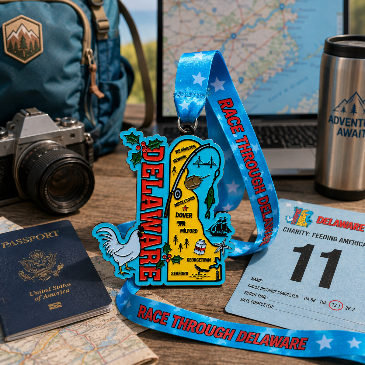 Race Through Delaware Virtual Race medal from VirtualRunEvent, featuring a travel scene design for 5K, 10K, Half Marathon, and 50 Mile Challenge.
