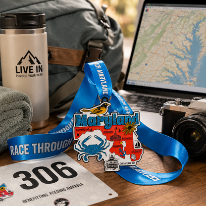 Virtualrunevent Maryland Race medal featuring a travel scene design for 5K, 10K, half marathon, and 50-mile challenge.