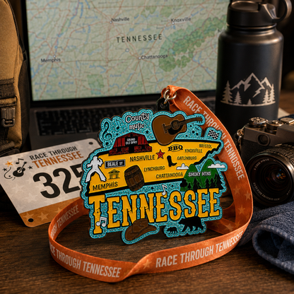 Virtualrunevent Race Through Tennessee medal featuring a scenic travel scene, representing 5K, 10K, half marathon, and marathon finisher.