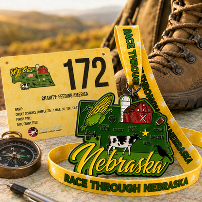 Race Through Nebraska 1M 5K 10K 13.1 26.2 Medal and Bib