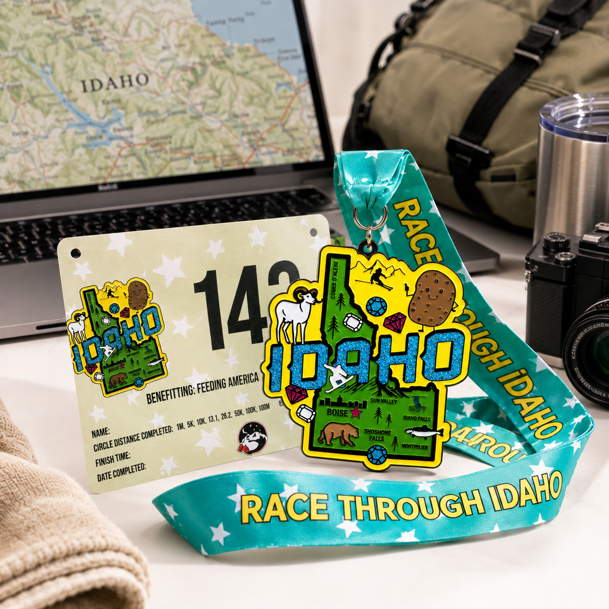 Virtualrunevent Race Through Idaho medal featuring scenic travel imagery, awarded for completing 5K, 10K, half marathon, or 50-mile challenge.