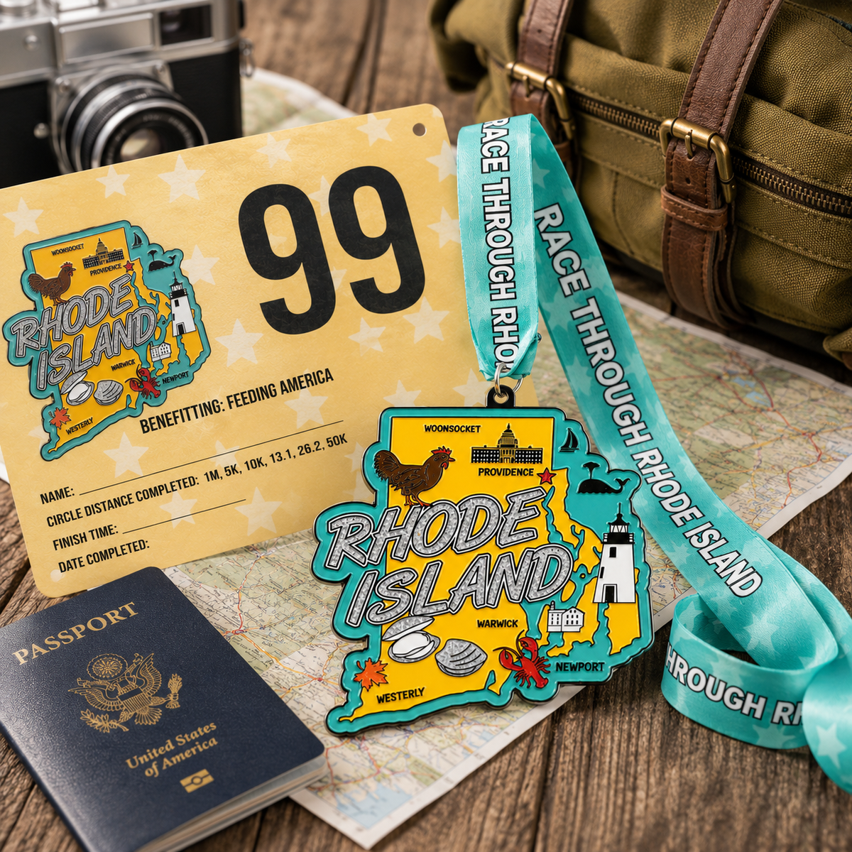 Virtualrunevent Race Through Rhode Island medal featuring a scenic travel scene, symbolizing 5K to marathon virtual race achievements.