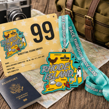 Virtualrunevent Race Through Rhode Island medal featuring a scenic travel scene, symbolizing 5K to marathon virtual race achievements.