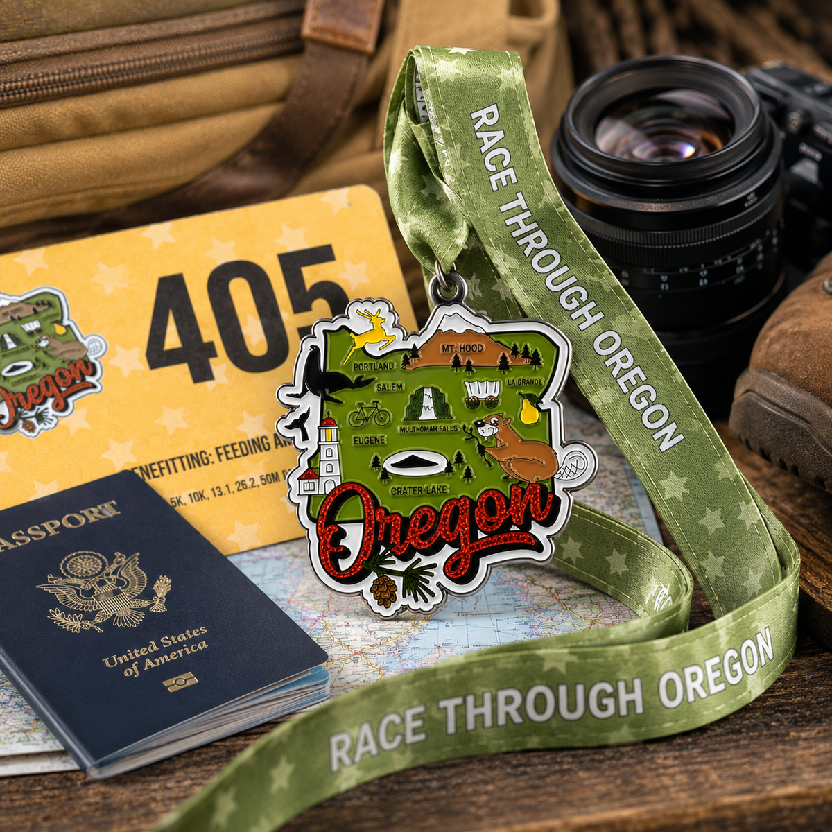 Oregon virtual race medal from VirtualRunEvent featuring scenic travel design for 5K, 10K, half marathon, and marathon finishers.