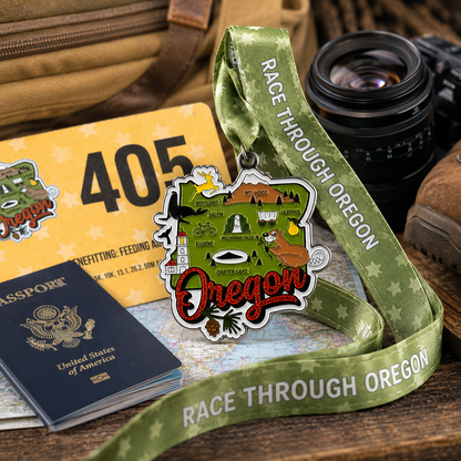 Oregon virtual race medal from VirtualRunEvent featuring scenic travel design for 5K, 10K, half marathon, and marathon finishers.