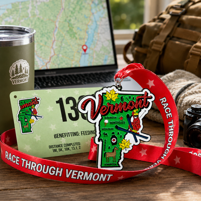 Brass medal for Race Through Vermont Virtual Race 5K, 10K, Half Marathon, or Marathon with travel scene design.