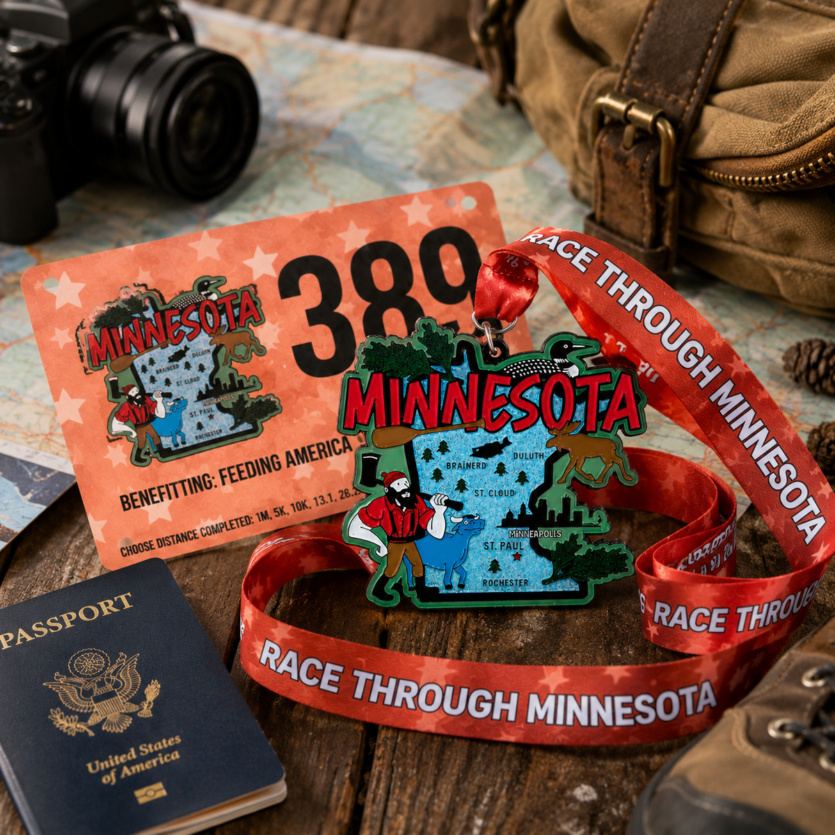 Virtualrunevent Minnesota Race medal featuring travel scene design for 5K, 10K, Half Marathon, and 50 Mile Challenge finisher.