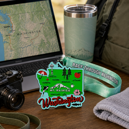 Virtualrunevent race medal featuring Washington travel scene for 5K, 10K, Half Marathon virtual race completion.