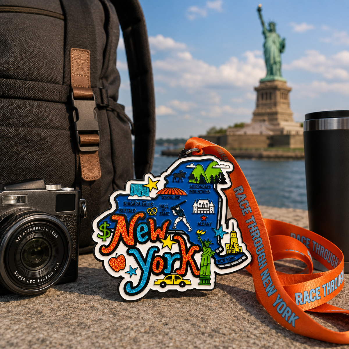 Medal from Virtualrunevent's Race Through New York virtual race, featuring iconic city landmarks and race details on the design.