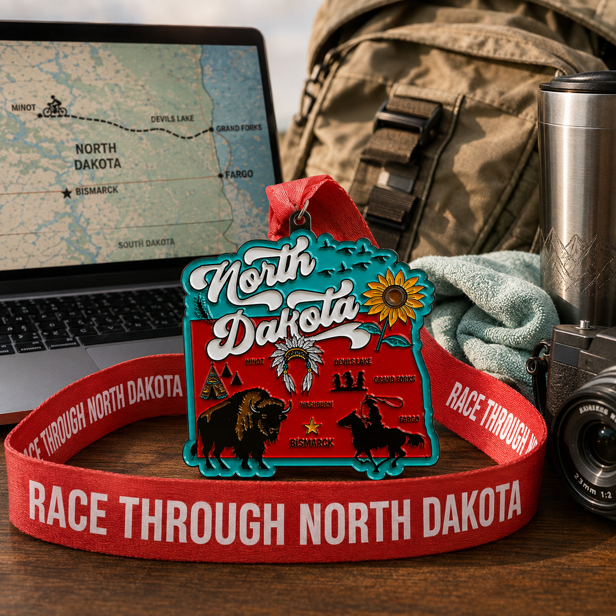 North Dakota virtual race medal from virtualrunevent featuring travel scene design for 5K, 10K, half marathon, and 50-mile challenge.