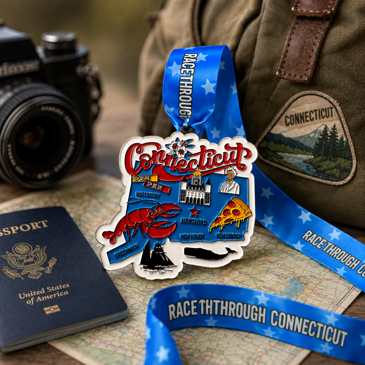 Virtualrunevent Race Through America 50 State Challenge medals and bibs displayed on a travel-themed background.