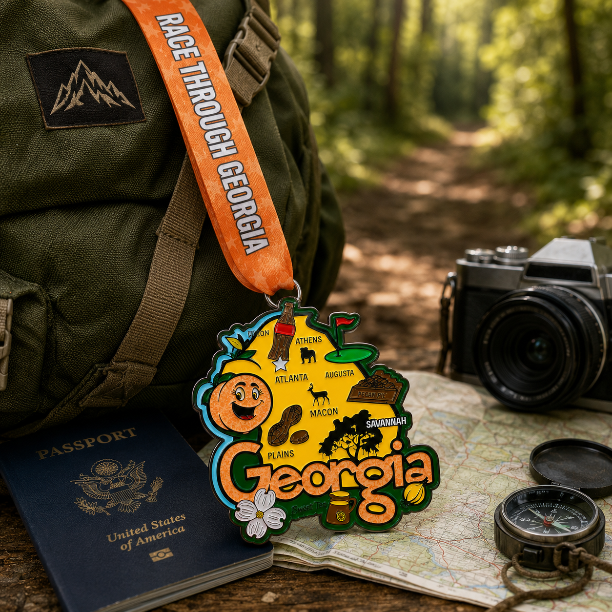 Virtualrunevent Race Through Georgia medal with travel scene design for 1M, 5K, 10K virtual races.
