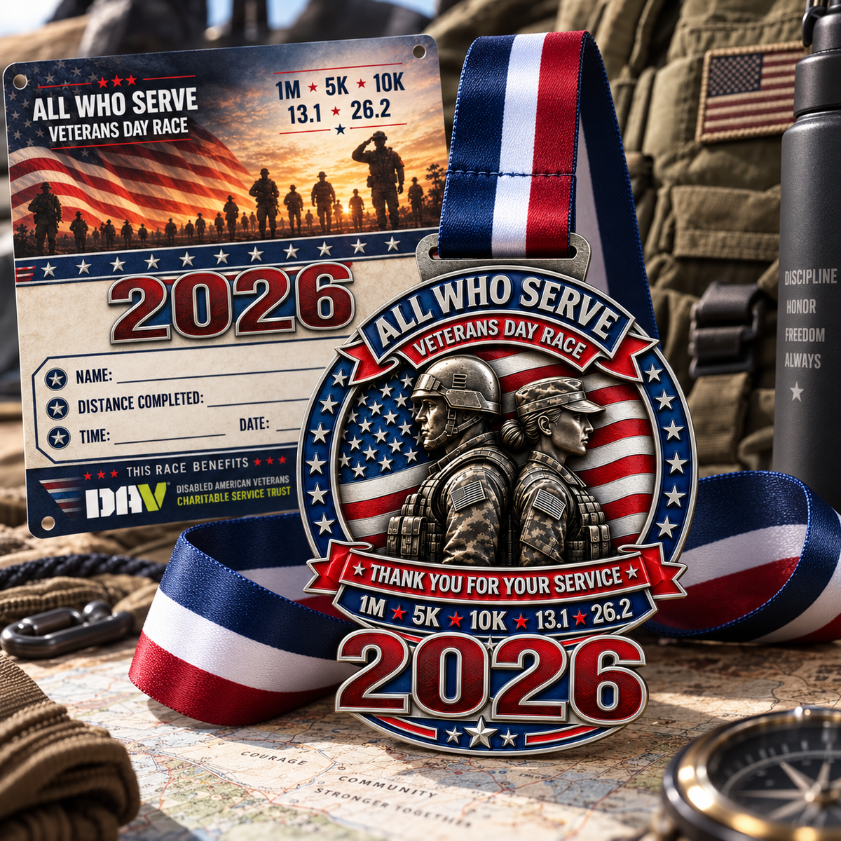 Veterans Day Virtual Race 2026 medal from virtualrunevent, featuring a patriotic design for 1M, 5K, 10K, Half Marathon, and Marathon.
