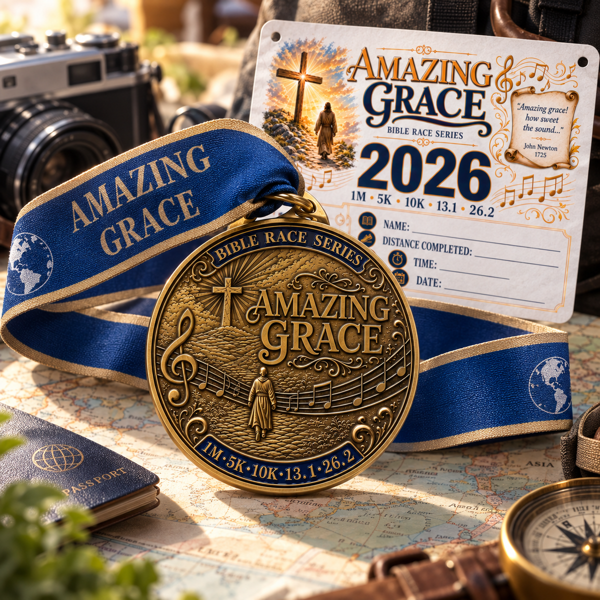 Christian medal for Amazing Grace Virtual Race 5K, walk, half marathon, or marathon, featuring intricate design and race branding.