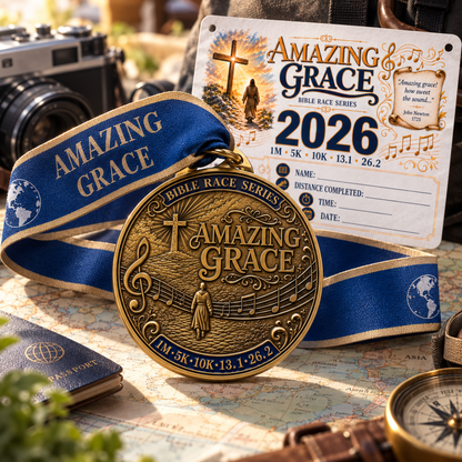 Christian medal for Amazing Grace Virtual Race 5K, walk, half marathon, or marathon, featuring intricate design and race branding.