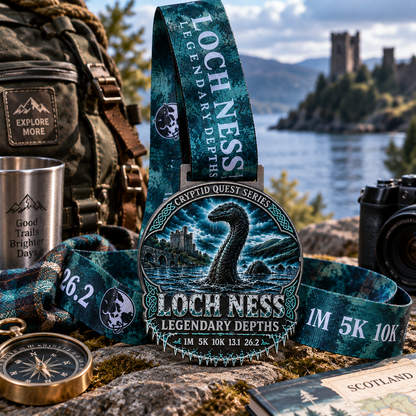 Medal for Loch Ness Legendary Depths Virtual Race 2026 in Cryptid Quest Series, featuring intricate Loch Ness monster design.