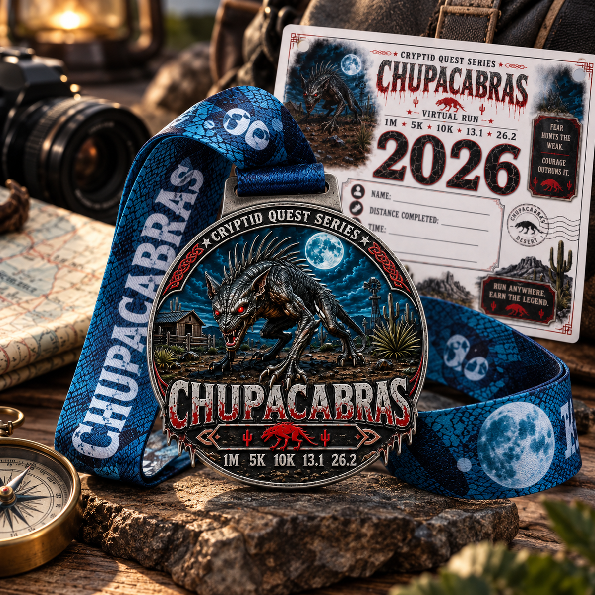 Chupacabras Virtual Race medal from Cryptid Quest Series, featuring a detailed design for 1M, 5K, 10K, half marathon, and marathon.