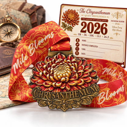 Chrysanthemum Virtual Race medal featuring vibrant floral design, for 5K, 10K, Half Marathon, and Marathon virtual running events.