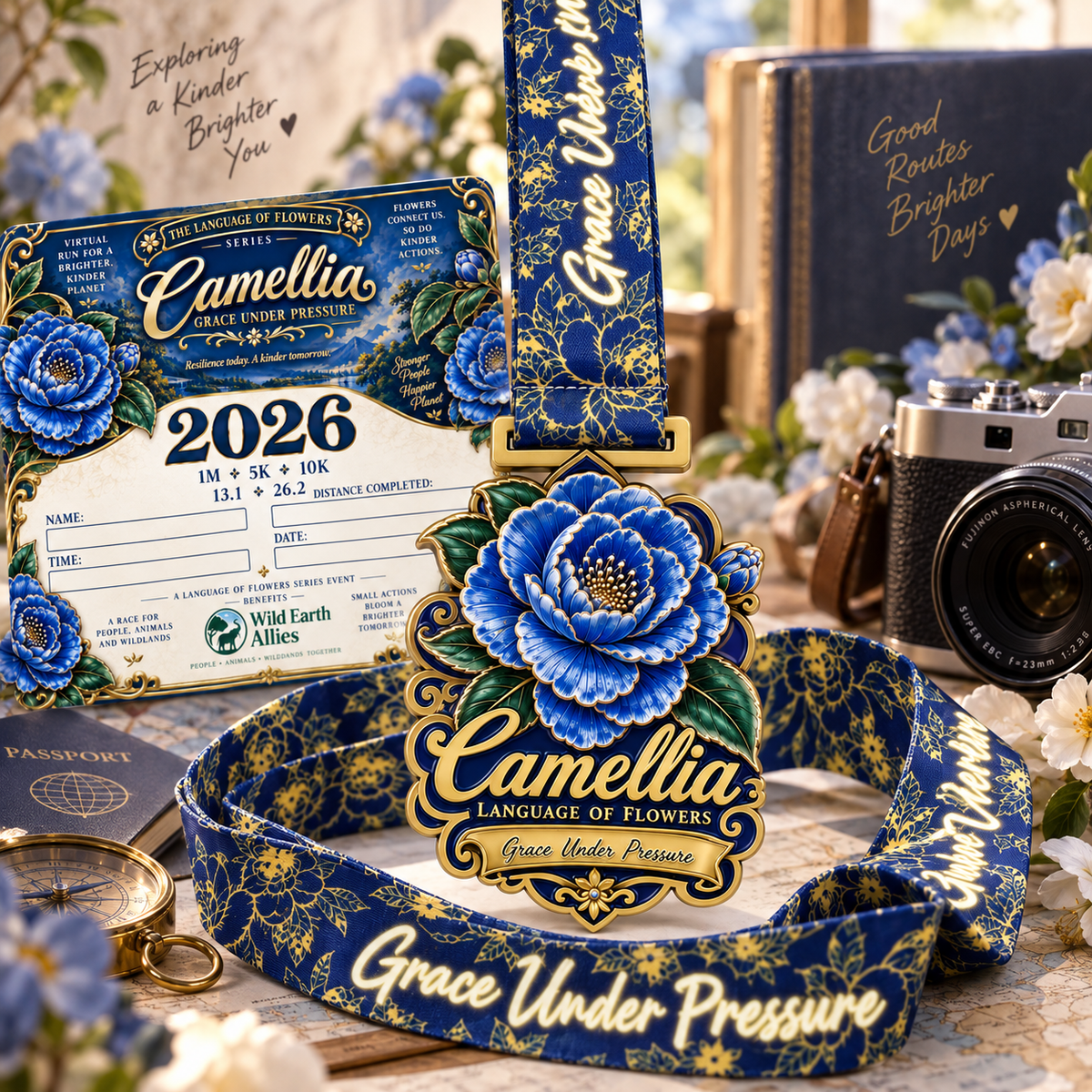 Camellia Virtual Race 2026 logo on race bib for virtual run event featuring 1M, 5K, and 10K distances.