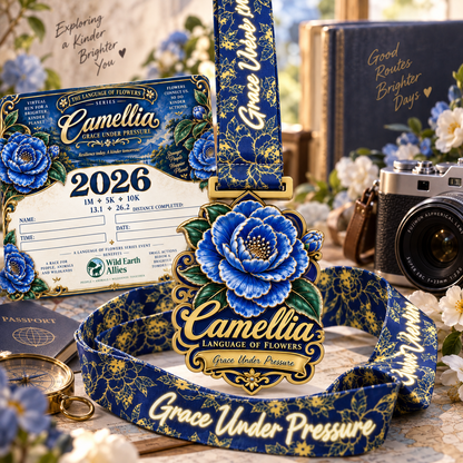 Camellia Virtual Race 2026 logo on race bib for virtual run event featuring 1M, 5K, and 10K distances.