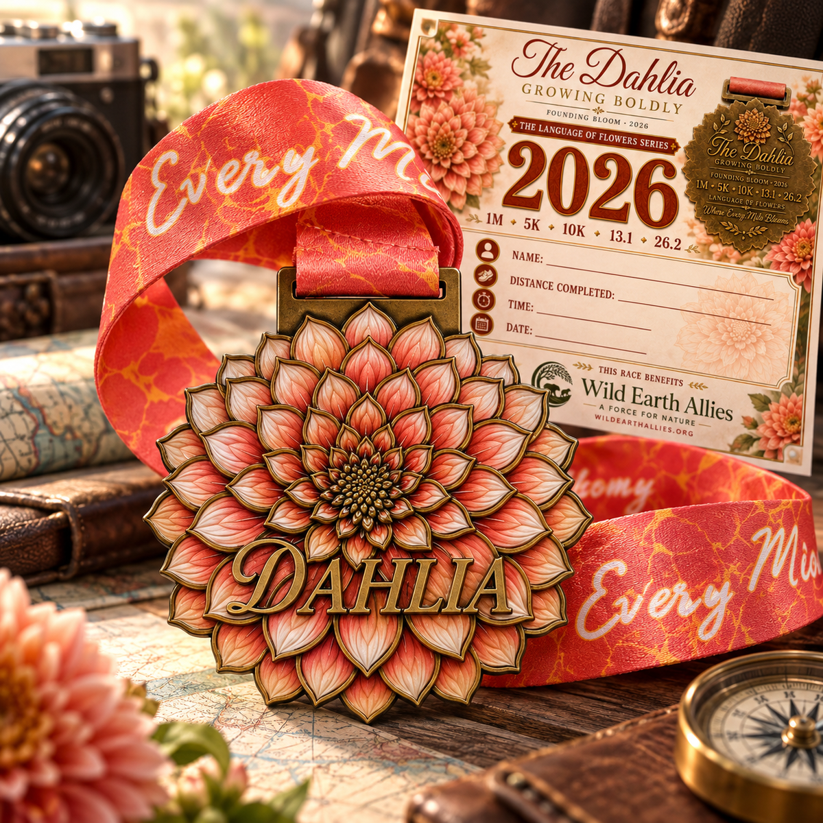 Dahlia Virtual Race medal featuring colorful flower design for 5K, 10K, half marathon, and marathon challenge by virtualrunevent.