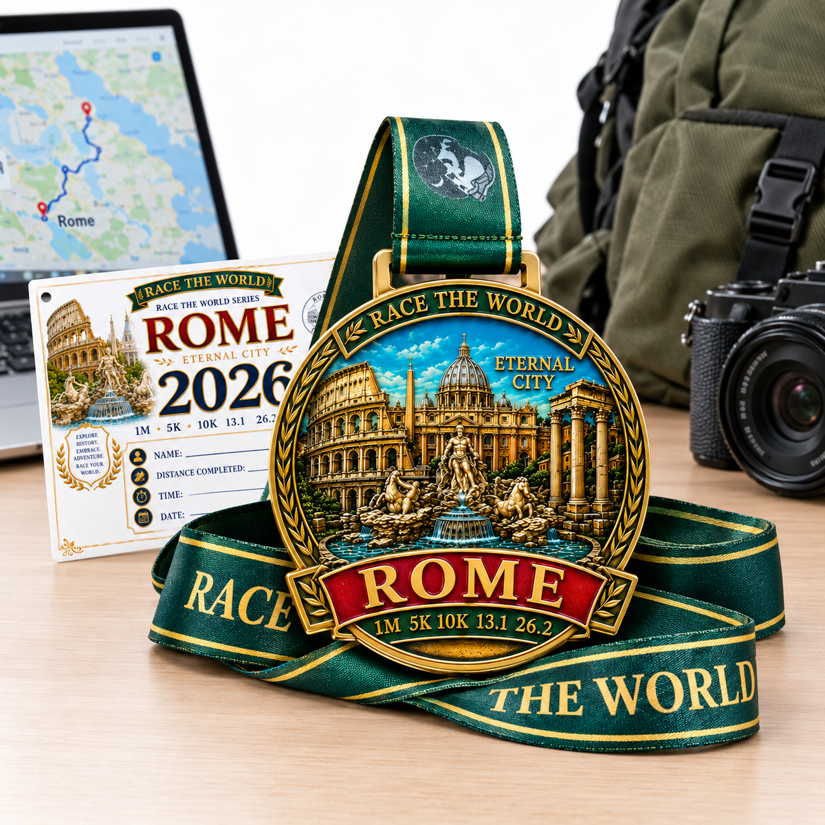 Rome Virtual Race medal from virtualrunevent, featuring a detailed design with iconic Roman imagery and race distance inscriptions.