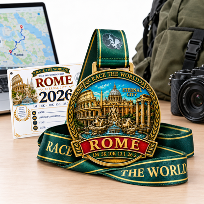 Rome Virtual Race medal from virtualrunevent, featuring a detailed design with iconic Roman imagery and race distance inscriptions.