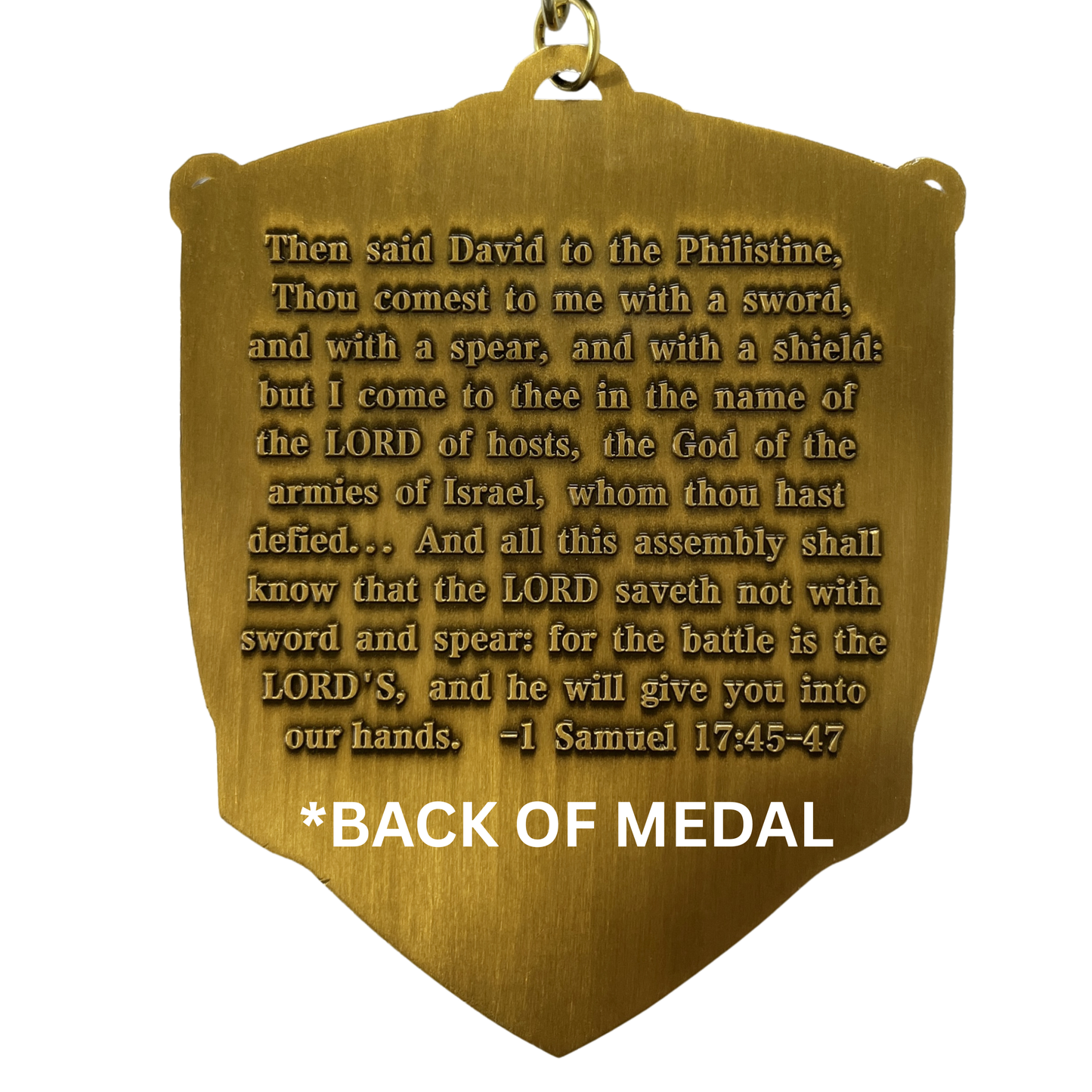 Christian virtual run medal for Face Your Giants Race 2026, featuring event branding and symbolic design elements.