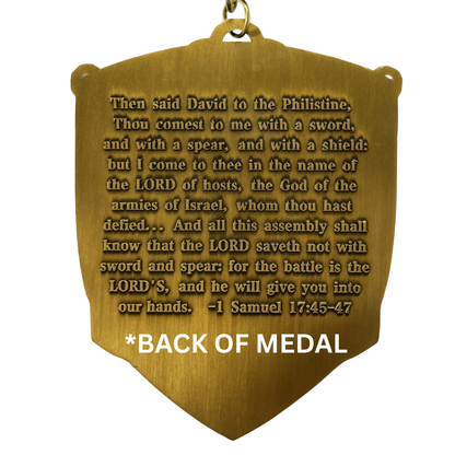 Christian virtual run medal for Face Your Giants Race 2026, featuring event branding and symbolic design elements.