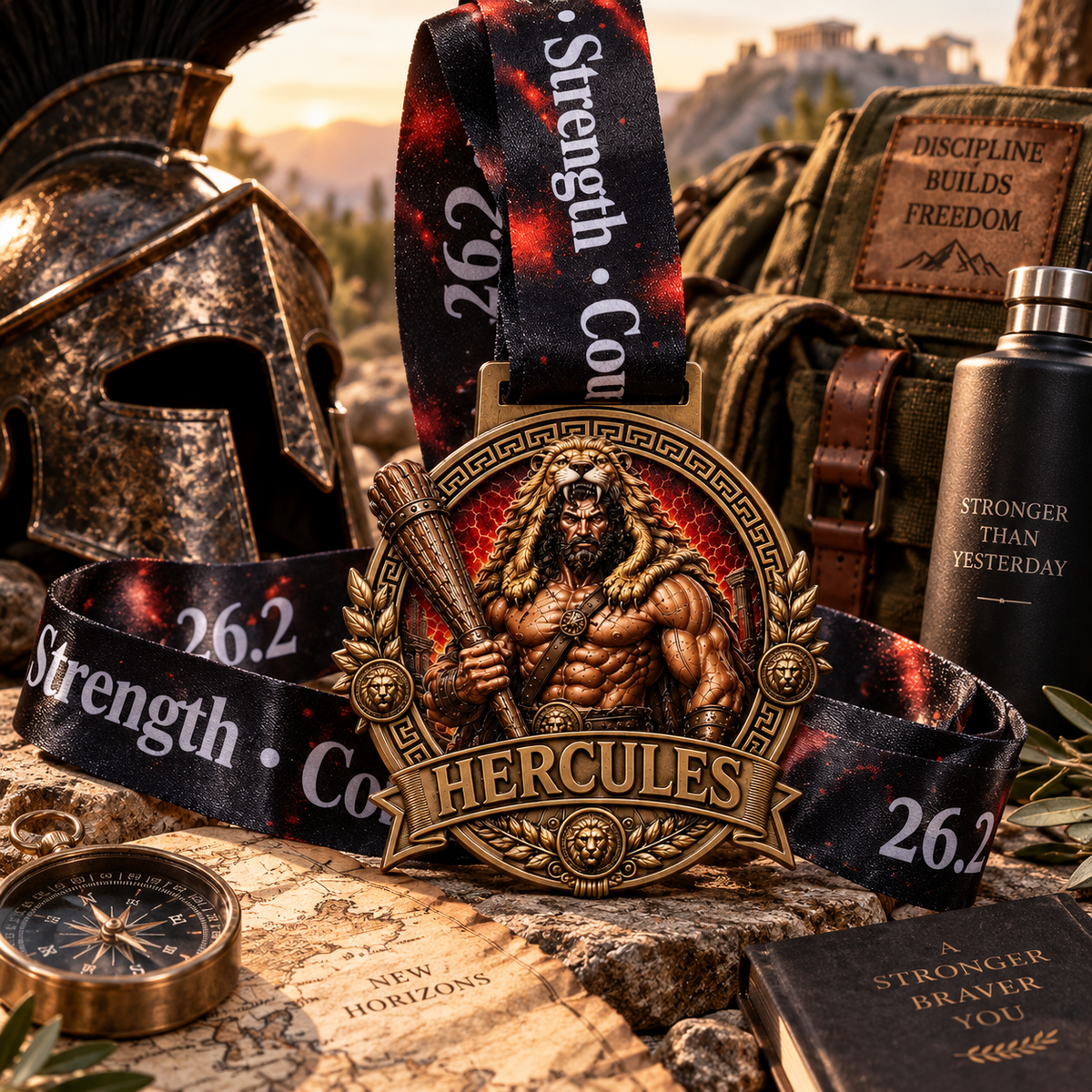 Hercules Virtual Race medal featuring Greek mythology design for 5K, 10K, Half Marathon, and Marathon events by virtualrunevent