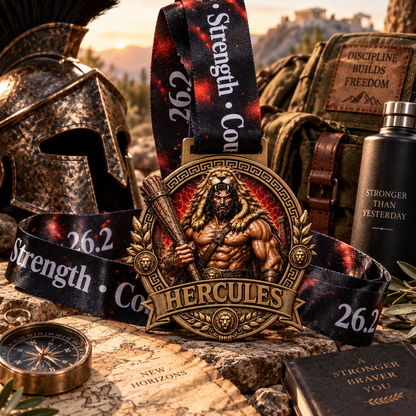 Hercules Virtual Race medal featuring Greek mythology design for 5K, 10K, Half Marathon, and Marathon events by virtualrunevent