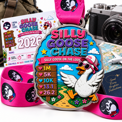 Silly Goose Chase Virtual Race medal for 1M, 5K, 10K, half marathon, and full marathon from virtualrunevent.