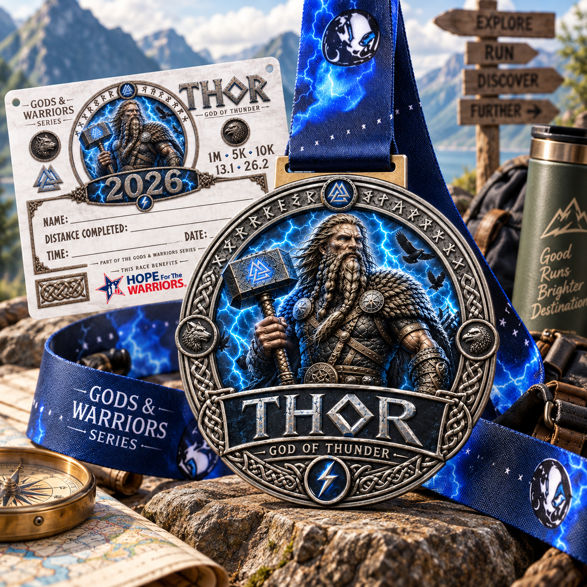 Norse mythology Thor Virtual Race medal with Thor's hammer design for 5K, 10K, Half Marathon, and Marathon events.