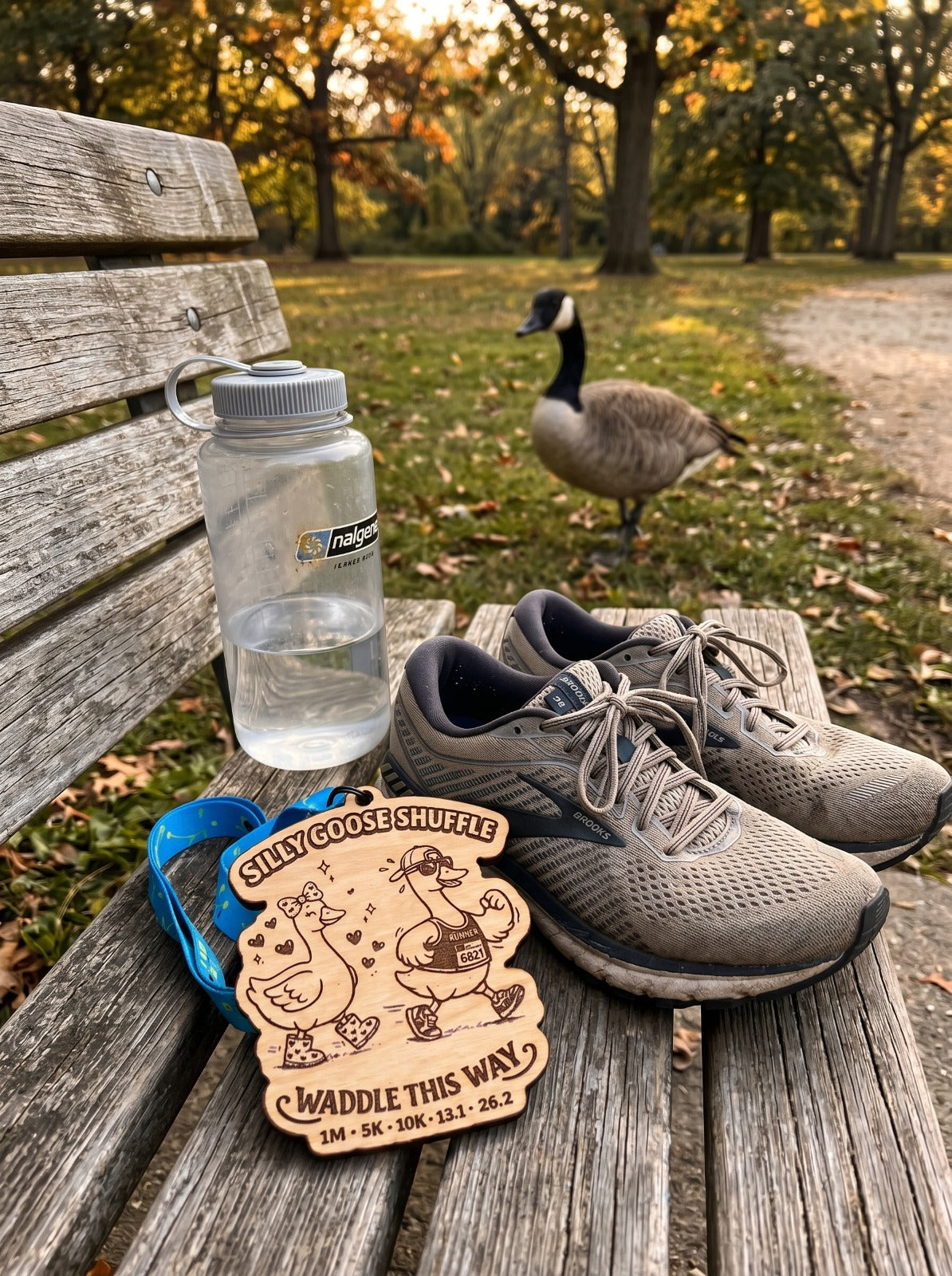 Silver Silly Goose Shuffle Virtual Race medal with engraved goose design from virtualrunevent.