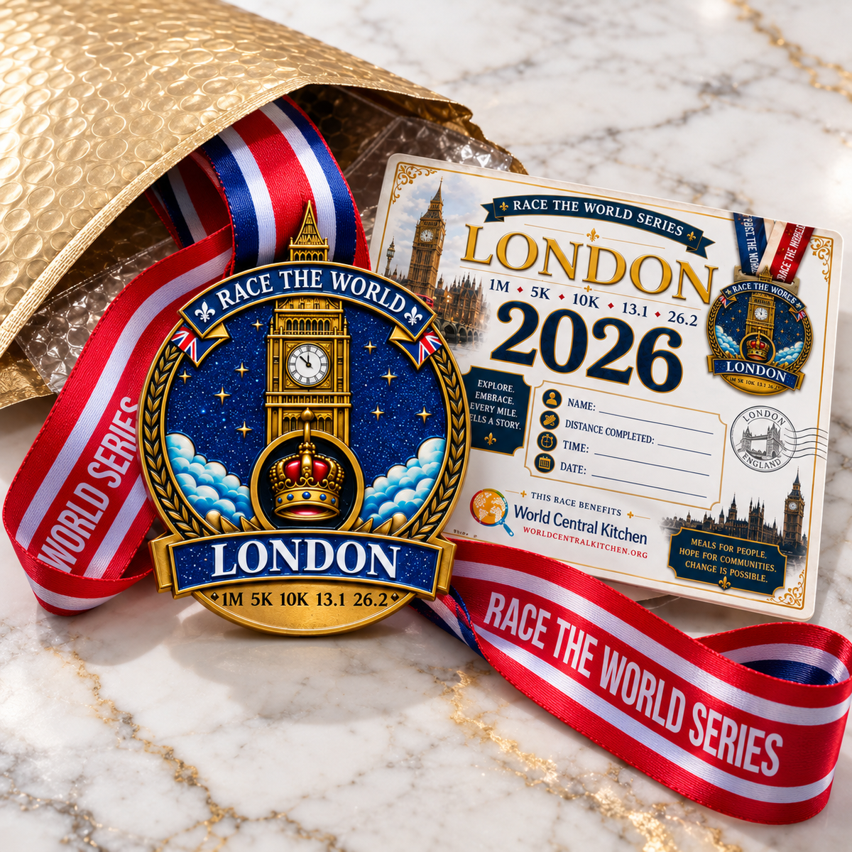 Medal for London Virtual Race 5K, 10K, Half Marathon, and Marathon travel challenge by virtualrunevent, showing London landmarks.