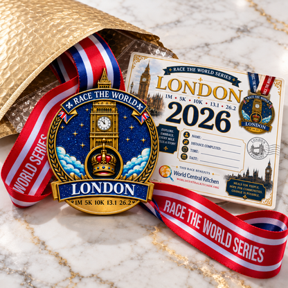 Medal for London Virtual Race 5K, 10K, Half Marathon, and Marathon travel challenge by virtualrunevent, showing London landmarks.