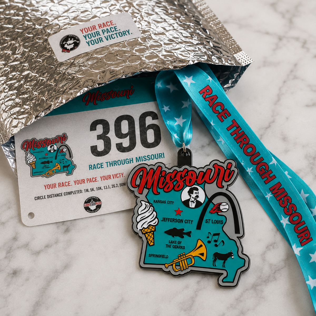 Virtualrunevent Missouri Race medal for 5K, 10K, Half Marathon, and 50 Mile Challenge, featuring vibrant design and engraved race details.