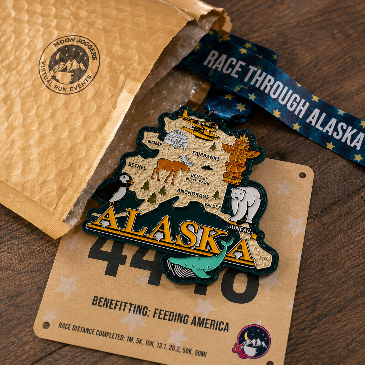 Alaska running medal from Virtual Run Event, featuring a design inspired by Alaska for virtual 5K, 10K, half marathon, marathon, or 50 mile race.