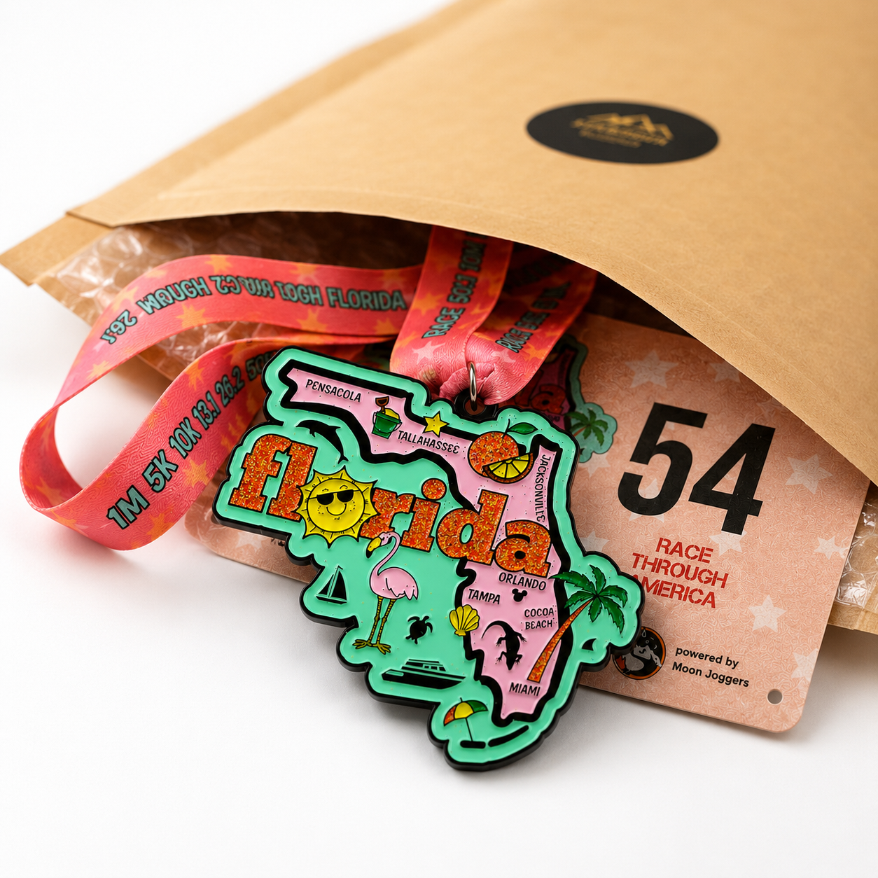 Virtualrunevent Race Through Florida medal and bib displayed, showcasing a colorful medal and race bib on a plain background.