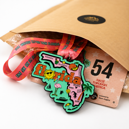Virtualrunevent Race Through Florida medal and bib displayed, showcasing a colorful medal and race bib on a plain background.