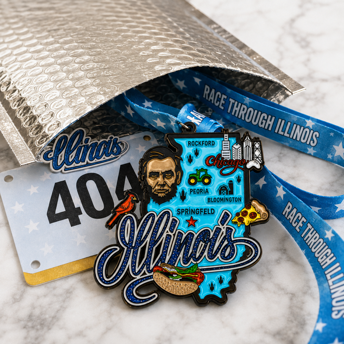 Virtualrunevent Illinois Race medal for 5K, 10K, Half Marathon, or 50 Mile Challenge, featuring Illinois state design and vibrant colors.