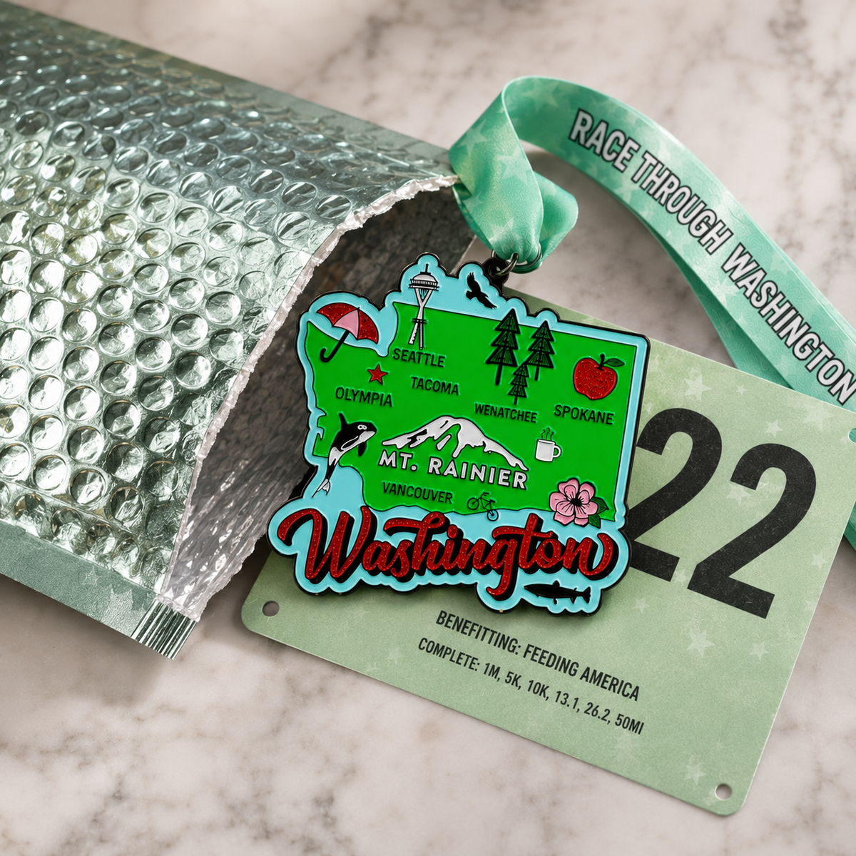 Virtualrunevent Race Through Washington medal showing a detailed design with race branding and Washington landmarks.