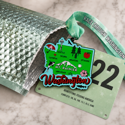 Virtualrunevent Race Through Washington medal showing a detailed design with race branding and Washington landmarks.