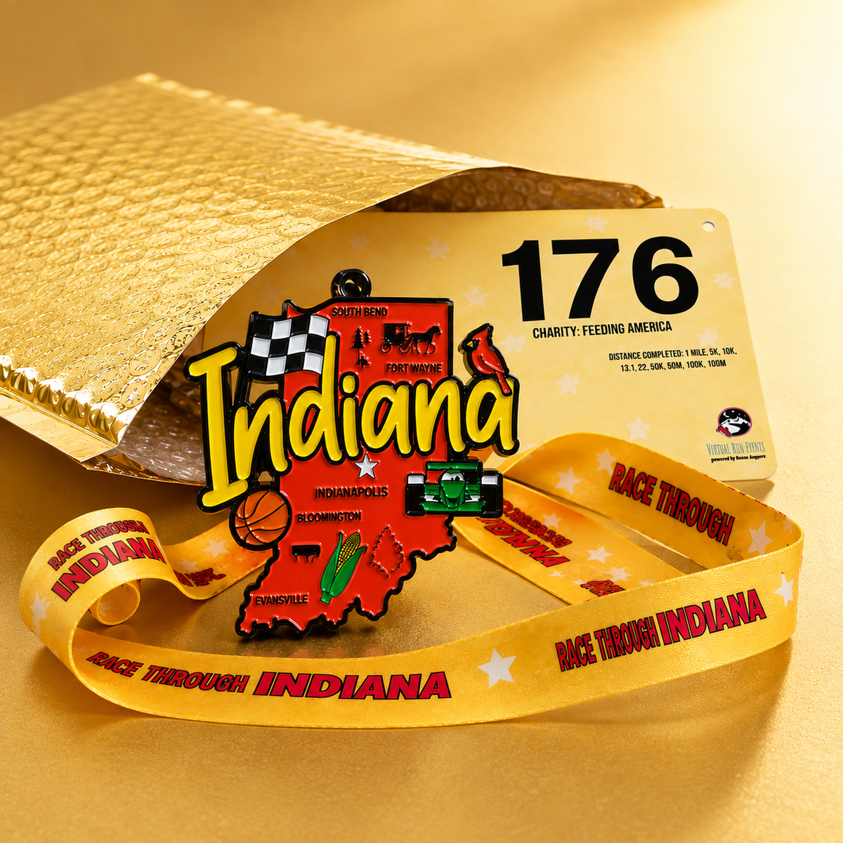 Virtualrunevent Race Through Indiana medal featuring Indiana landmark design, awarded for 5K, 10K, half marathon, and 50-mile challenges.
