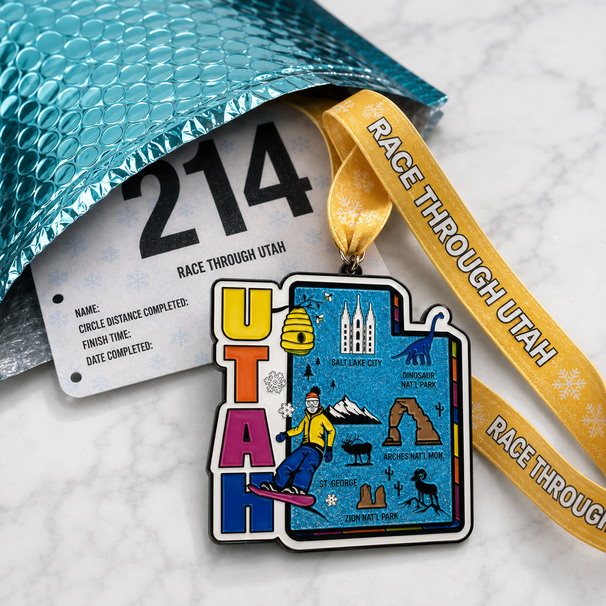 Virtualrunevent Race Through Utah medal featuring mountain and trail designs for 5K, 10K, Half Marathon, and 50 Mile Challenge.