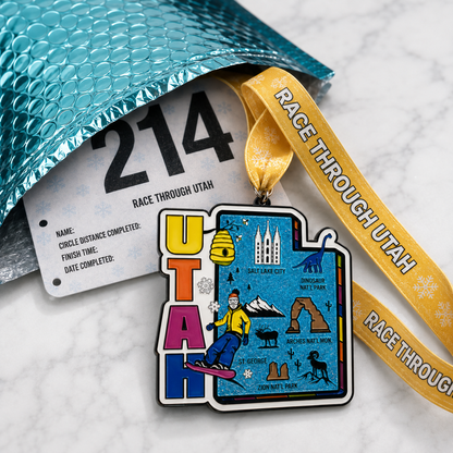 Virtualrunevent Race Through Utah medal featuring mountain and trail designs for 5K, 10K, Half Marathon, and 50 Mile Challenge.